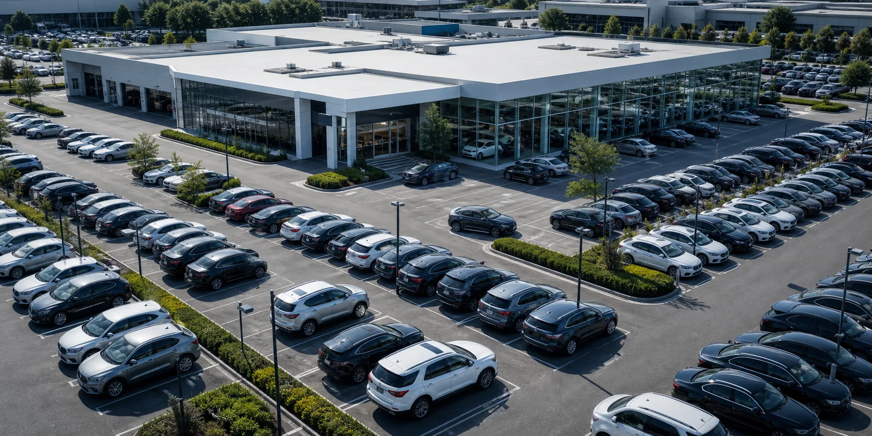Aerial view of a large dealership vehicle inventory lot.