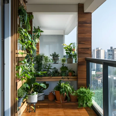 Terraza con vista a la ciudad, adornada con plantas de exterior pequeñas y un piso de cerámica madera Kairos Caramelo