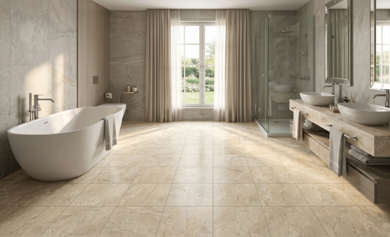 Baño espacioso con buena iluminación, bañera blanca y piso de cerámica mármol Roccia, colección Ecos de Cerámicos Gala